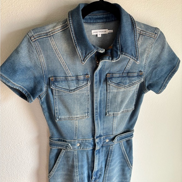 Americana Good American Light Blue Denim Jumpsuit size 1 w/as adjustable waist - Picture 3 of 16